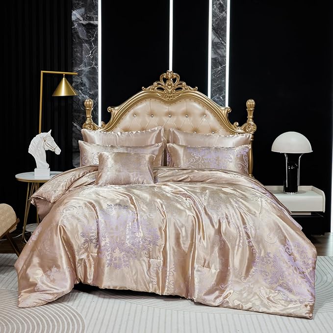 Jacquard Comforter King Gold Bedding with Taupe Satin Sheet Set 8 Pcs Royal Embroidery Neoclassical Floral Home Decor Soft Luxury Hotel Bed in a Bag with 1 Cushion Cover