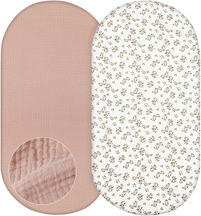 Basumee Muslin Bassinet Sheets for Baby Girl Boy 2 Pack Soft Breathable Baby Bedside Bassinet Fitted Sheets with Bottom Elastic Band Mattress Cover for Rectangle Oval Hourglass Bassinets