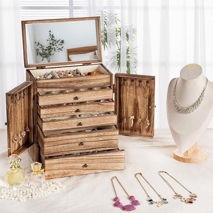 Emfogo Wooden Jewelry Box for Women, 6-Tier Large Jewelry Organizer Boxes with Mirror Rustic Solid Wood jewlery Storage Display for Rings Earrings Necklaces Bracelets watches(Carbonized Black) - Image 7