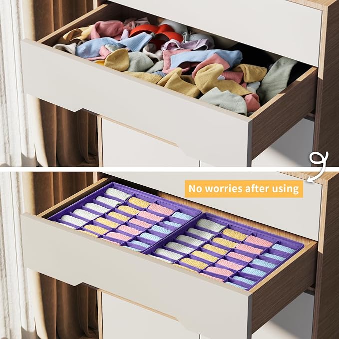Joyoldelf Sock Drawer Organizer Divider 2 Packs Underwear Organizer, 24 Cell Closet Organizers and Storage Organizer Sock Holders Organizers for Storing Socks, Handkerchiefs, Ties, Belts (Purple) - Image 7