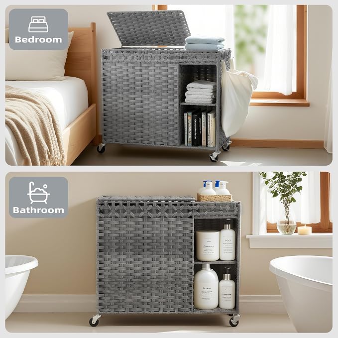 Laundry Hamper with Lid, 160L Rattan Wicker Laundry Basket with Wheels, Handwoven Laundry Hamper 2-Section with Storage shelf(42.3 Gal), Laundry Sorter Basket with Removable Liner, Grey HLH032G - Image 9