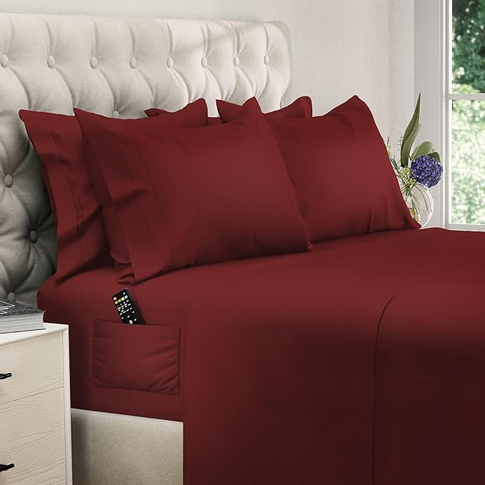 DREAMCARE King Size Sheets Set - 6 pcs Breathable Cooling Bed Sheets - up to 15" Deep Pocket King Sheet Set with Side Pockets - Extra Soft 100% Brushed Hypoallergenic Hotel Luxury Bedding - Burgundy