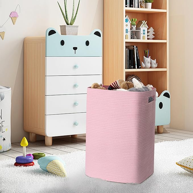 MEGASKET Large Laundry Hamper 16"x13"x22" - Tall Woven Laundry Basket, Cotton Rope Dirty Clothes Hamper, Baby Kids Nursery Wicker Laundry Basket, Bedroom Aesthetic, Soft Laundry Bin, Pink Hamper, 75L - Image 8