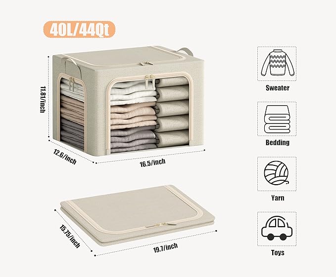 3 Openings Clothes Storage Bins with Metal Frame, Foldable Storage Bin for Clothes, Clothing Storage Bins with Lid, Linen Storage Box With Clear Window& Zippers& Durable Handles.(3 Pcs,Beige,40L) - Image 6