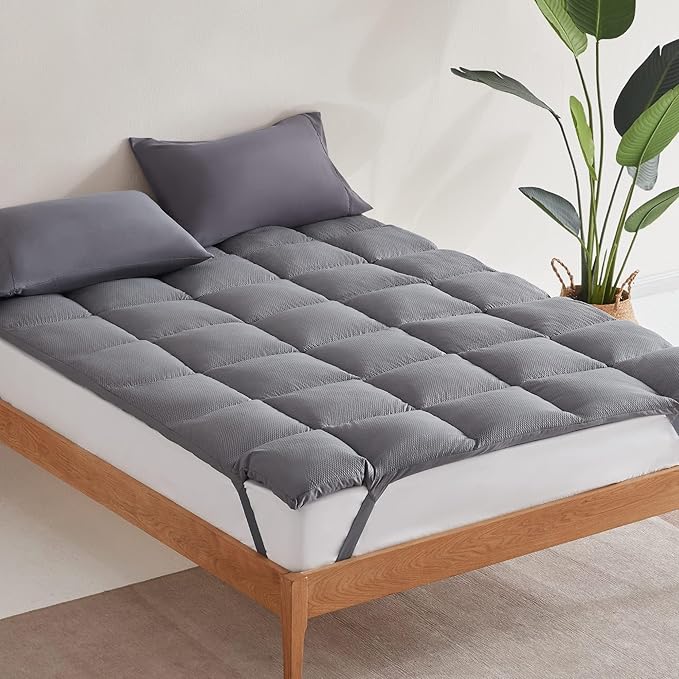 SLEEP ZONE Cooling Mattress Topper Queen Size Quilted Fitted Mattress Pad Cover, Soft Fluffy Down Alternative Pillow Top Bed Topper Deep Pocket 8-21 Inch (Grey, Queen)