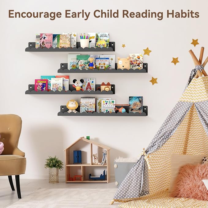 Floating Shelves for Wall, 23 Inch Metal Nursery Book Shelves 4 Pack, Wall Mounted Book Shelf for Kids Room, Bedroom, Bathroom, Playroom Decor (Black) - Image 7