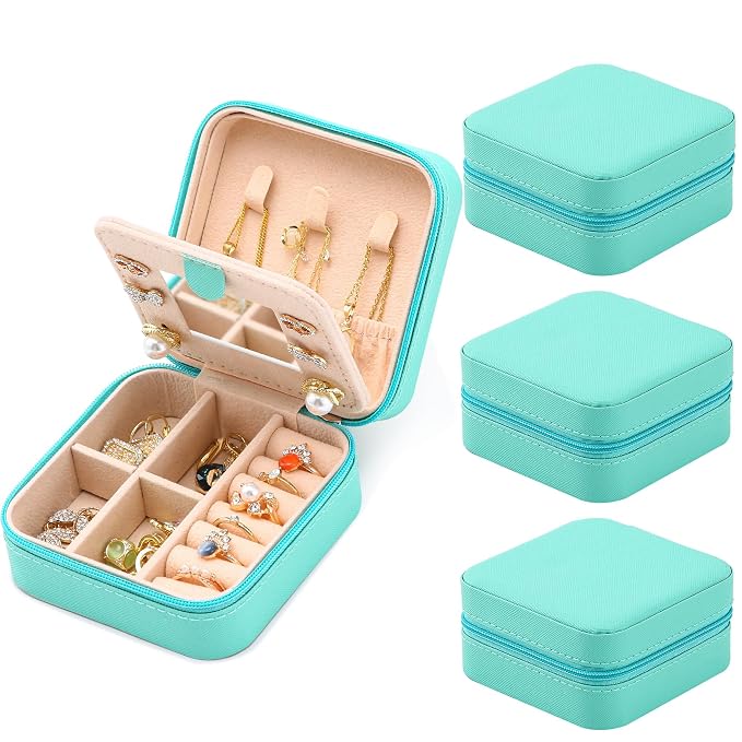 Neveika Jewelry Box with Mirror,Small Jewelry Organizer Box,Travel Jewelry Case for Women,Gift Jewelry Boxes for Female Girls (4pcs mirror blue) - Image 8