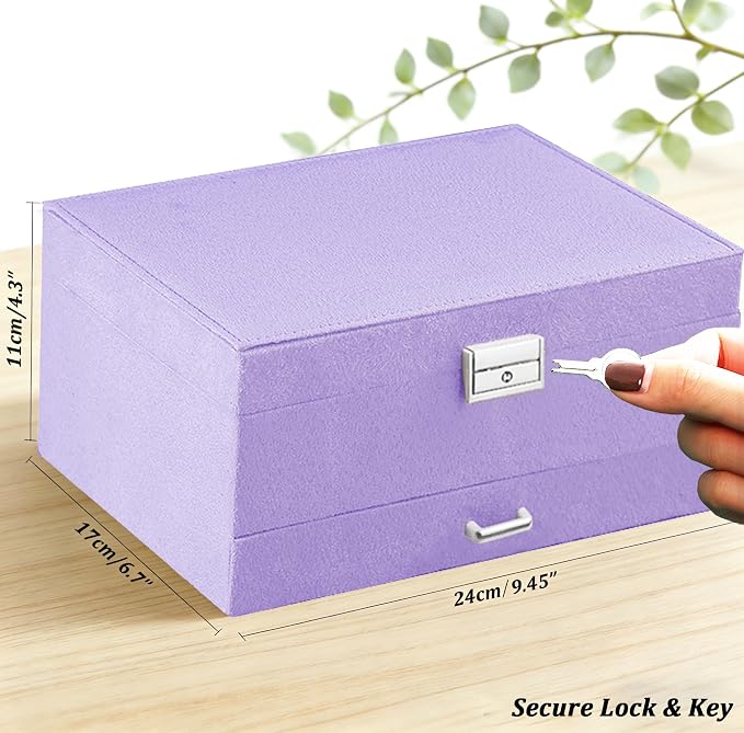 QBestry 3-Layer Jewelry Box for Girls & Teens with Lock and Key, Large Jewelry Organizer with 8 Necklace Hooks & 56 Earring Holes, Violet Velvet Jewelry Storage Box for Necklace Earring Ring Bracelet - Image 9
