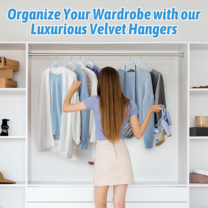 Sishynio 30 Pack Velvet Hangers – Premium Non-Slip Slim Clothes Hangers with 360° Swivel Hook, Space-Saving Flocked Shirt Hangers for Coats, Dresses, Blouses, Suits(Blue) - Image 7