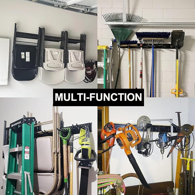 Wallmaster Garage Storage Organization Wall Mount, Garden Tool Rack Organizer Heavy Duty Folding Chair Hangers with 12 Adjustable Hooks 96inch Tracks Max Load 900lb - Image 7