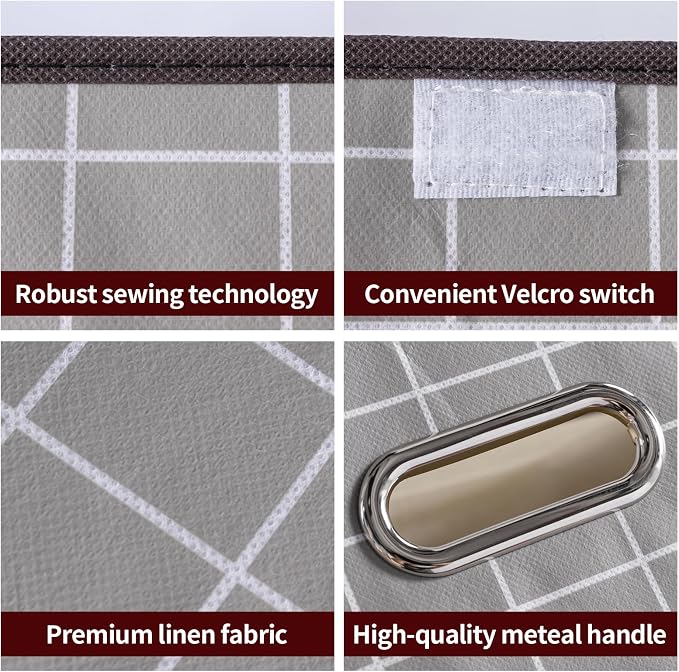 STOREONE Fabric Storage Cube Bins Foldable Organizer Container Collapsible Basket with Lids and Metal Handles, for Home, Bedroom, Closet 3 Pcs (Grey grid) - Image 7