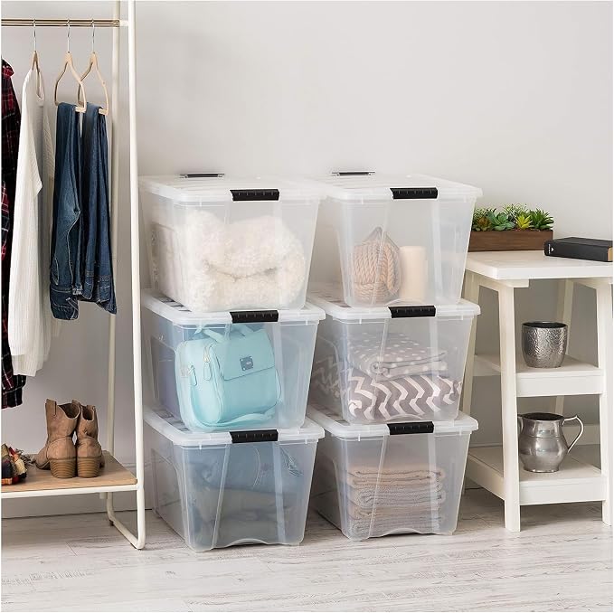IRIS USA 54 Qt Stackable Plastic Storage Bins with Lids, 12 Pack - BPA-Free, Made in USA - See-Through Organizing Solution, Latches, Durable Nestable Containers, Secure Pull Handle - Clear - Image 5