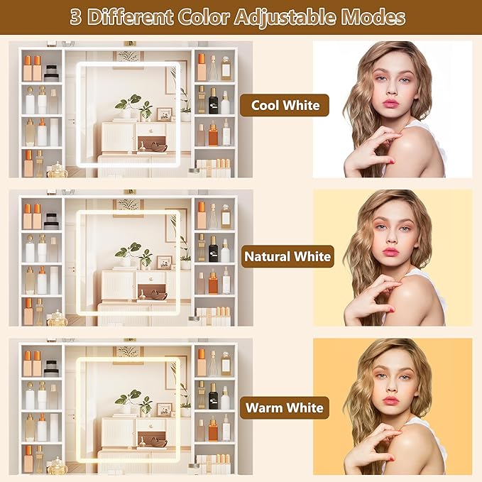 White Vanity Desk with Mirror and Lights, Glass Top Vanity with Lighted Mirror & RGB Cabinet and 3 Drawers, Dressing Table with 8 Shelves, Makeup Desk with Lights for Girls Bedroom, 3 Color Modes