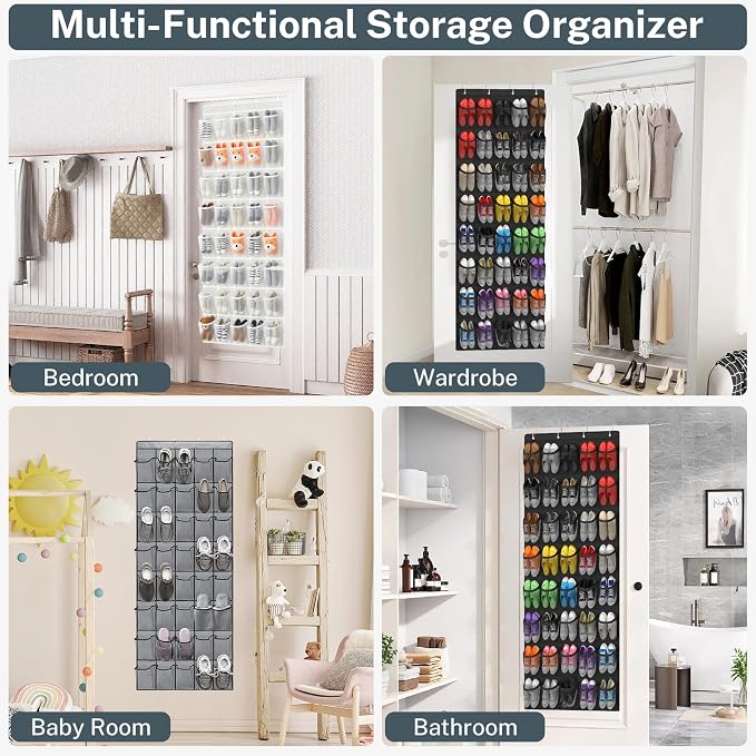 Over the Door Shoe Organizer,40-Pocket Hanging Shoe Rack for Closet Door,Shoes Storage Holder Hanger with Large Mesh Pocket for Women Men Shoes,Flip Flops(Black) - Image 7