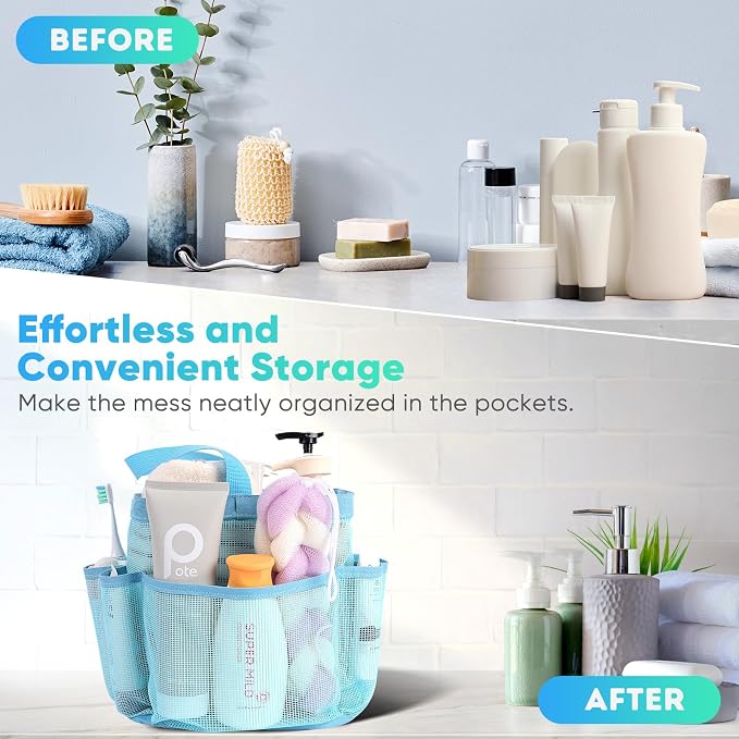 EUDELE Mesh Shower Caddy Portable, 8-Pocket Large Capacity, Quick Dry, Easy Clean, Ideal for Beach, Swimming, Gym, Travel - Image 7