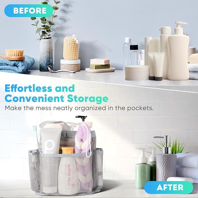 EUDELE 2 Pack Mesh Shower Caddy Portable for College Dorm Room Essentials, Shower Caddy Dorm with 8-Pocket Large Capacity,Shower Bag for Beach,Swimming,Gym All Black+All Grey - Image 7