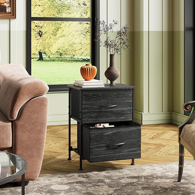 WLIVE Night Stand, Small Dresser with 2 Drawers & Wooden Top, Nightstand with Fabric Bins, Bedside Table End Table for Bedroom, Closet, Entryway, College Dorm, Charcoal Black