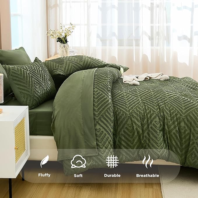 Andency California King Comforter Set Olive Green - 7 Piece Cal King Bed in a Bag Boho Olive Green Tufted Bedding Sets, Bed Set with Comforter, Sheets, Pillowcases & Shams