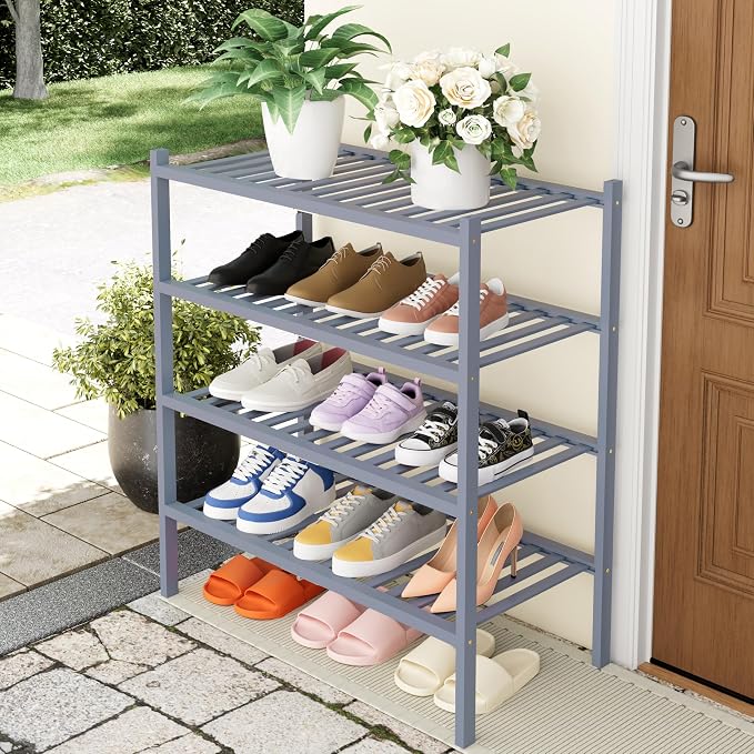 Smiry Shoe Rack, 4 Tier Thick Bamboo Shoe Organizer, Stackable Free Standing Wooden Shoe Storage Shelf for Closet, Entryway, Front Door Entrance, Grey - Image 7