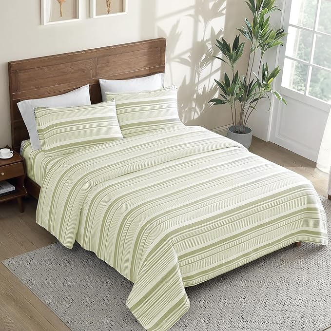ClevaHome Classic Stripe Sheet Set - 4 Pieces Super Soft & Breathable Bed Sheet Set with Deep Pocket, Enhanced Comfort & Easy Care (King, Sage Stripe)