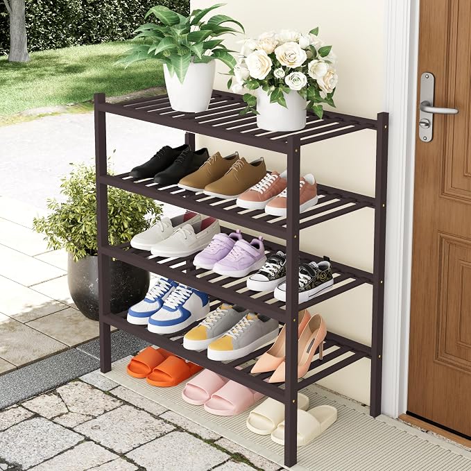 Smiry Shoe Rack, 4 Tier Thick Bamboo Shoe Organizer, Stackable Free Standing Wooden Shoe Storage Shelf for Closet, Entryway, Front Door Entrance, Brown - Image 7