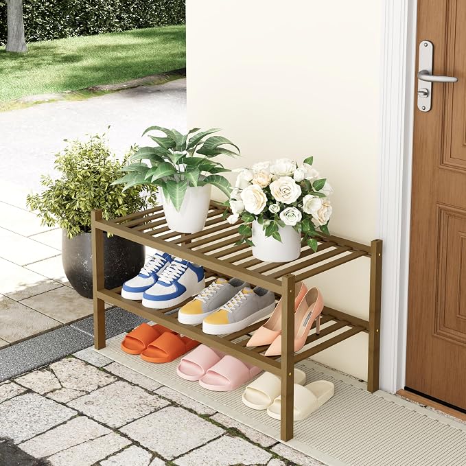 Smiry Shoe Rack, 2 Tier Thick Bamboo Shoe Organizer, Stackable Free Standing Wooden Shoe Storage Shelf for Closet, Entryway, Front Door Entrance, Walnut - Image 7