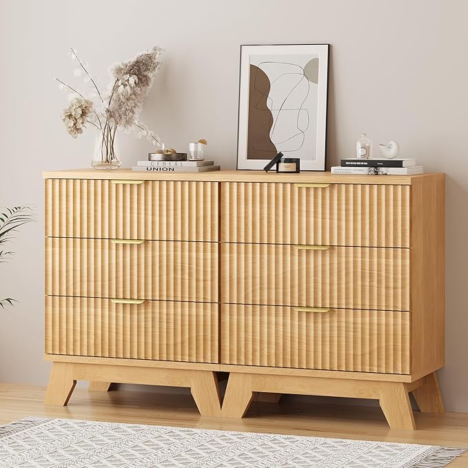 Fluted Dresser for Bedroom with 3 Drawers, 24" Wide Modern Chest of Drawers with Metal Handle, Wooden Dresser TV Stand, Wood Closet Clothes Storage Organizer for Living Room, Hallway, Natural Oak