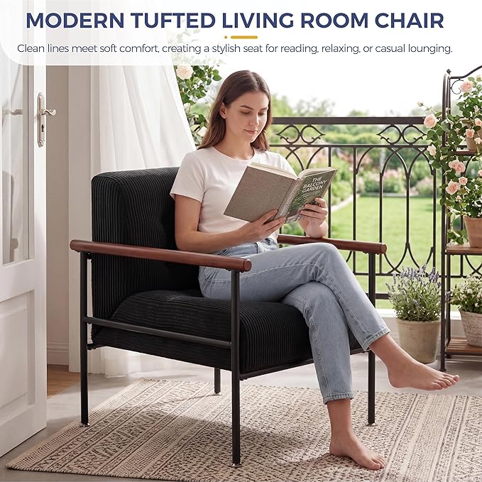 MAXYOYO Living Room Accent Chair, Modern Chair with Sturdy Metal Frame & Wood Armrests, Upholstered Reading Chair with Upholstered Cushion for Bedroom Balcony Porch, Black