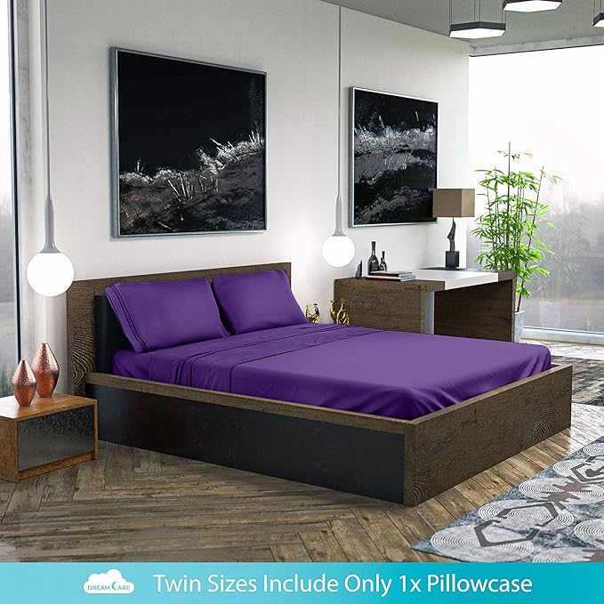 DREAMCARE Twin XL Sheet Sets - 3 pcs Breathable Cooling Bed Sheets - up to 21" Extra Deep Pocket Twin XL Sheets Set with Side Pockets - Extra Soft 100% Brushed Hypoallergenic Hotel Luxury - Purple