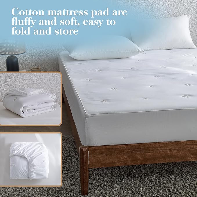 Simple&Opulence Queen Size Mattress Pad Protector, 100% Cotton Top Cooling Breathable Quilted Mattress Cover Fitted Sheet Stretches up to 16 Inches Deep Pocket Non Slip Soft Bedding Pad Topper-White