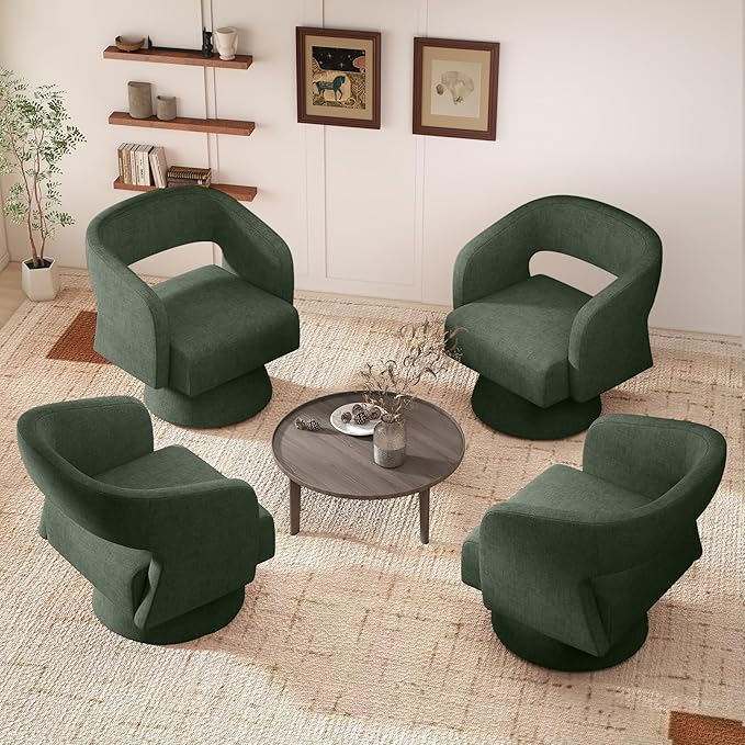 Nebuaegis Swivel Accent Chair Set of 2, Modern Comfy Chenille Barrel Chairs, Oversized Upholstered Round Arm Chair for Living Room, Bedroom, Reading Room, Green