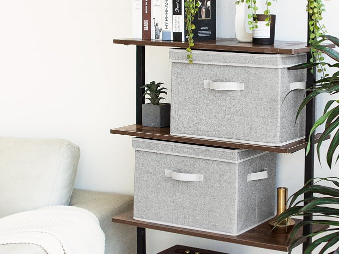StorageWorks Fabric Storage Bins with Lid, Decorative Storage Boxes for Shelves, Stackable Closet Organizer Basket with Handles, Jumbo, Gray, 2-Pack - Image 6