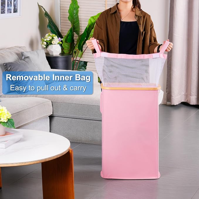 efluky Slim Laundry Basket with Lid, Narrow Laundry Hamper with Removable Bag, Skinny Dirty Clothes Basket with Bamboo Handles for Bathroom, Bedroom & Laundry Room, 63L Pink - Image 7