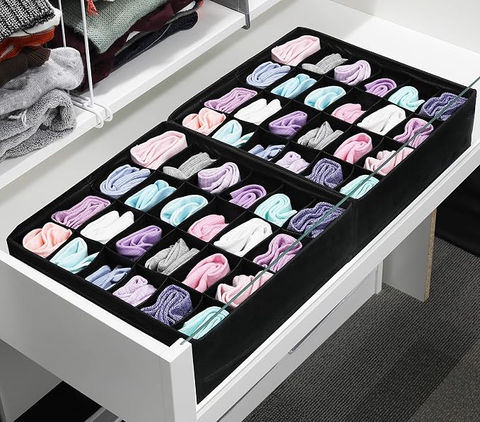Simple Houseware 2 Pack Closet Sock Organizer, 24 Cell Drawer Divider, Black - Image 4