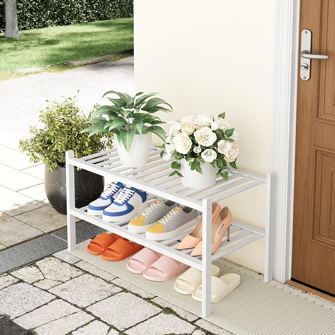 Smiry Shoe Rack, 2 Tier Thick Bamboo Shoe Organizer, Stackable Free Standing Wooden Shoe Storage Shelf for Closet, Entryway, Front Door Entrance, White - Image 7