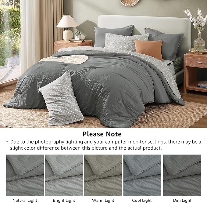Monbix Queen Comforter Set - 7 Pieces Granite Grey Prewashed Bed in a Bag Queen Bedding Sets with Comforters, All Seasons Ultra Soft Comforter Bed Set with Sheets,Pillowcases & Shams