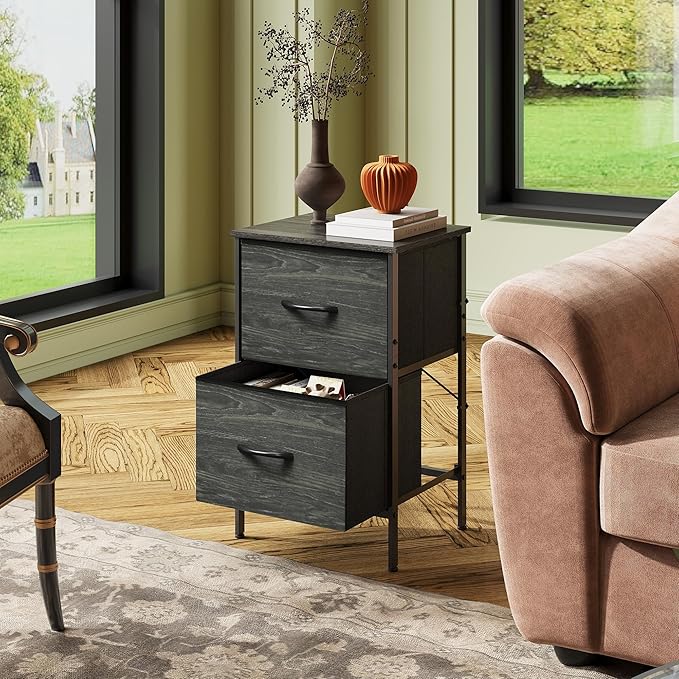 WLIVE Black Night Stand Set of 2, Small Dresser with 2 Drawers & Wooden Top, Nightstand with Fabric Bins, Bedside Table End Table for Bedroom, Closet, Entryway, College Dorm, Charcoal Black