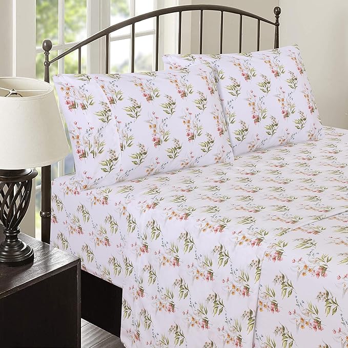 RUVANTI 100% Cotton Sheets – Queen Size Percale Bedding, Cooling & Breathable Floral Design, Durable with a Crisp, Soft & Comfortable Feel, 16" Deep Pocket, 4-Piece Set, Floral Bliss