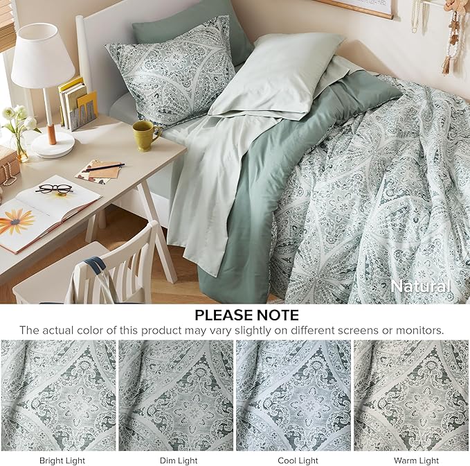 Comfort Spaces Bed in A Bag Comforter Set - Trendy Casual Design Twin Comforter with Complete Sheet Set with Side Pocket, All Season Comforter Twin, Shams, Gloria, Twin Green 6 Piece