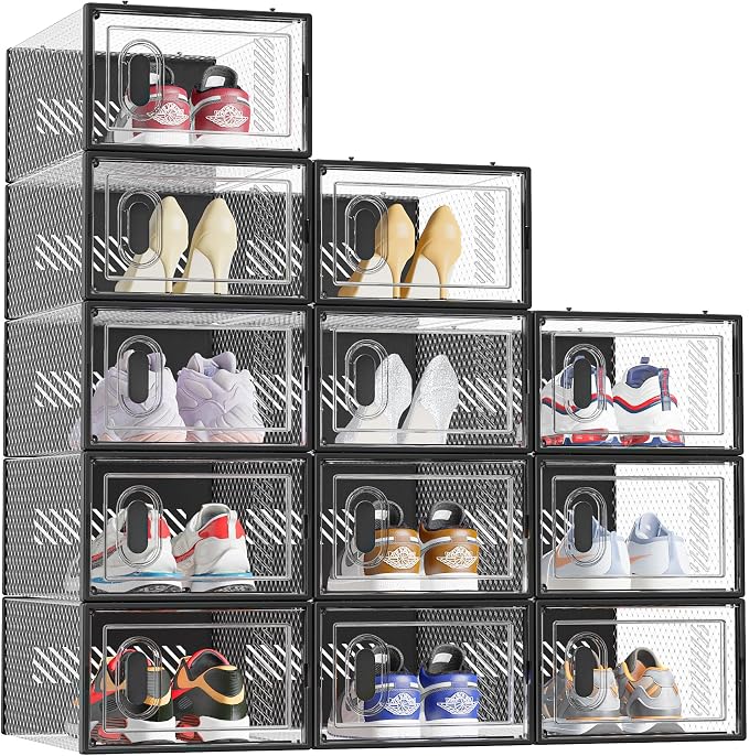 SIMPDIY Shoe Storage, 12 Pack Shoe Organizer for Closet, Shoe Boxes Clear Plastic Stackable Shoe Containers with Lids for Size 10, Black - Image 9