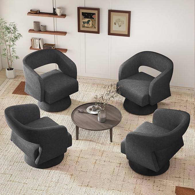 Nebuaegis Swivel Accent Chair Set of 2, Modern Comfy Chenille Barrel Chairs, Oversized Upholstered Round Arm Chair for Living Room, Bedroom, Reading Room, Black