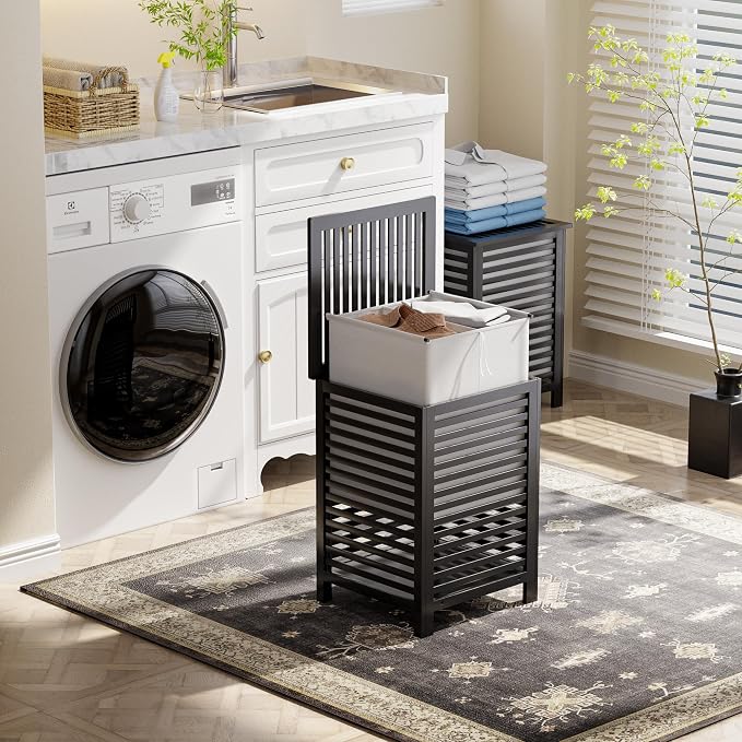 SMIBUY Double Laundry Hamper with Lid, 120L Bamboo Laundry Basket with Removable Liner Bag, 2-Section Clothes Divider Laundry Sorter for Laundry Room, Bathroom, Bedroom (Black) - Image 9