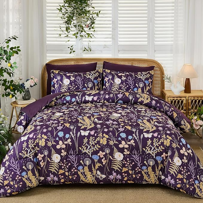 Yiran Purple Floral Comforter Set King Size, 7 Piece Botanical Comforter Bedding Set, Farmhouse Bed in a Bag, Soft Microfiber Complete Bedding Set with Sheets for All Season
