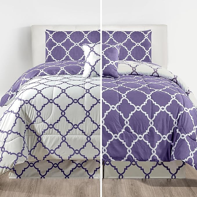 LUX Décor Reversible 5pc King Comforter Set, Printed Bedding Set, All-in-One Bed in a Bag, Includes 1 Comforter, 2 Pillow Shams, 1 Decor Pillow & 1 Bed Skirt (Quatrefoil Lavender,King)