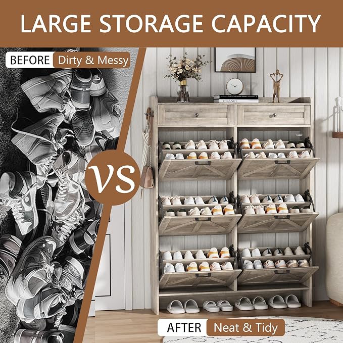 Shoe Cabinet with 6 Flip Drawers & 2 Top Drawers, 57" Tall Freestanding Narrow Wooden Shoe Storage Organizer for Entryway, Hidden Slim Shoe Rack for Front Door Entrance, Hallway, Living Room, Grey - Image 7