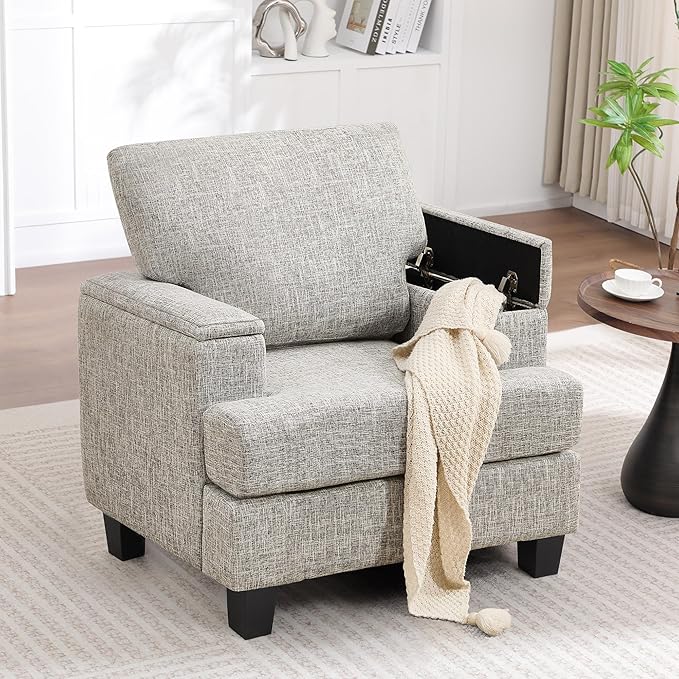 Accent Chairs Set of 2 with Armrest Storage, Upholstered Reading Living Room Chairs, Modern Comfy Large Armchairs, Fabric Single Sofa Chair for Bedroom (Light Grey)