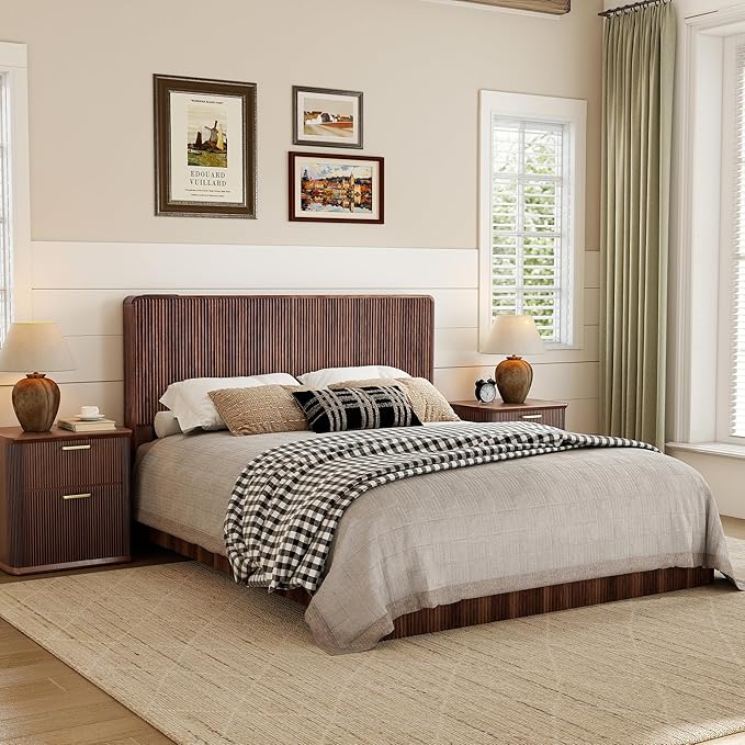 AVZEAR Fluted Headboard Queen Size, Modern Wood Queen Headboard Only, Mid Wall Mounted Headboard with 2 Outlets and USB & Type C Port, Century Curved Wooden Bed Headboards Bedroom Decor, Walnut