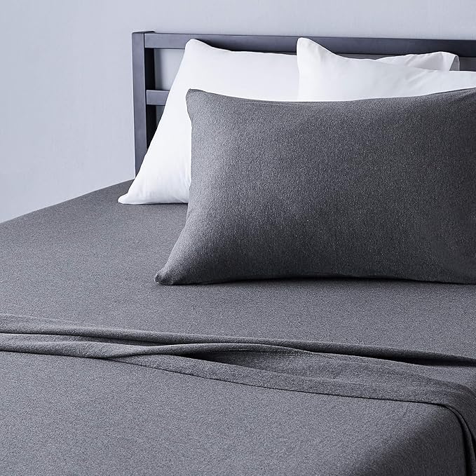 Amazon Basics Breathable, Stretchy 3 Piece Bed Sheet Set, 100% Cotton Jersey Knit, Includes Flat and Fitted Sheets, Pillowcase, Machine Washable, Twin, Dark Gray, Solid