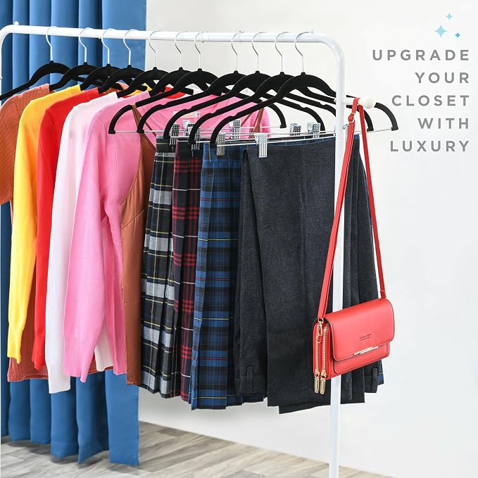 Home-it Pants Hangers With Clips 10 Pack - Black Velvet Non Slip Space-Saving for Pants, Skirts, Coats, Dresses, Tank Tops, Clothes - Felt Ultra Thin - Image 7