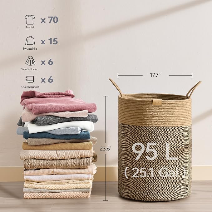 Nunsino Laundry Hamper 95L,Large Laundry Basket for Clothes,Decorative Storage Basket for Blankets,Cotton Rope Woven basket for bedroom,Dark Brown - Image 6